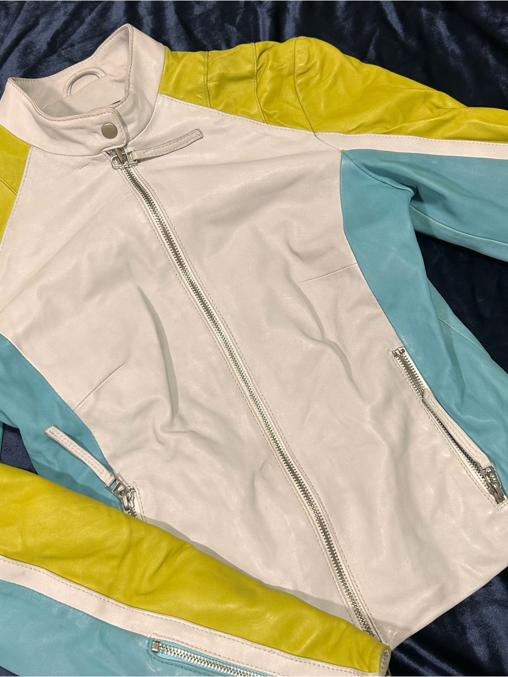 Danier White, Yellow & Light Blue Colorblock Leather Moto Jacket